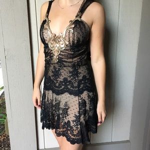 Ema Savahl Black Lace Dress w/ Gold Detail Size S